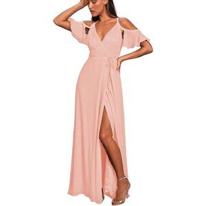 Lulus listeing blush Pink Wrap Maxi Dress With Ruffle Sleeves & V-Neckline Sz S